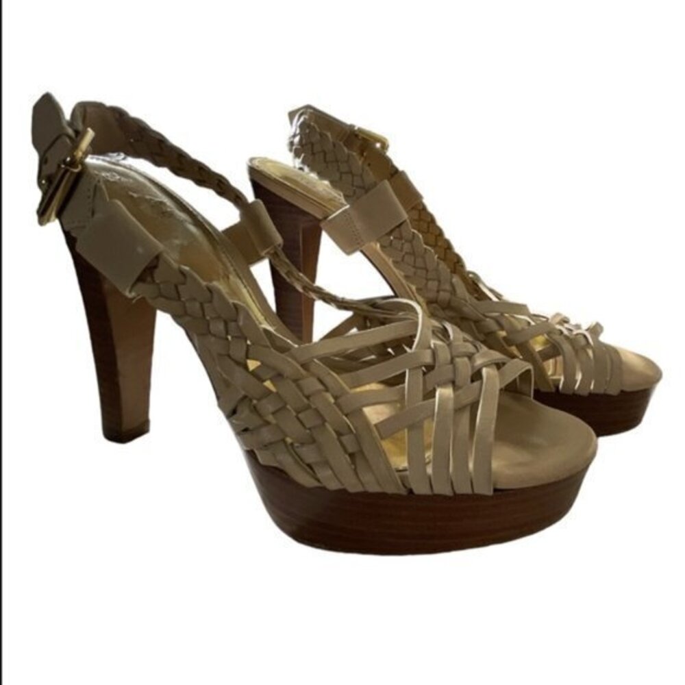 Lauren Ralph Lauren Tan Leather Strap FAYRE 5" Slingback Woven Platform Size 8
